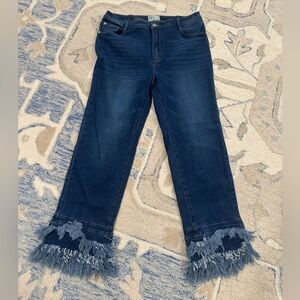 Dark Blue Frayed Hem Wide Leg Jeans